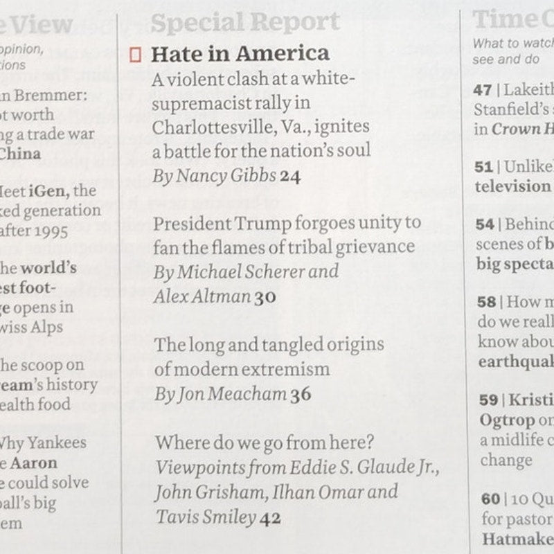 TIME Magazine Aug 28 2017 Hate in America Charlottesville Back Issue