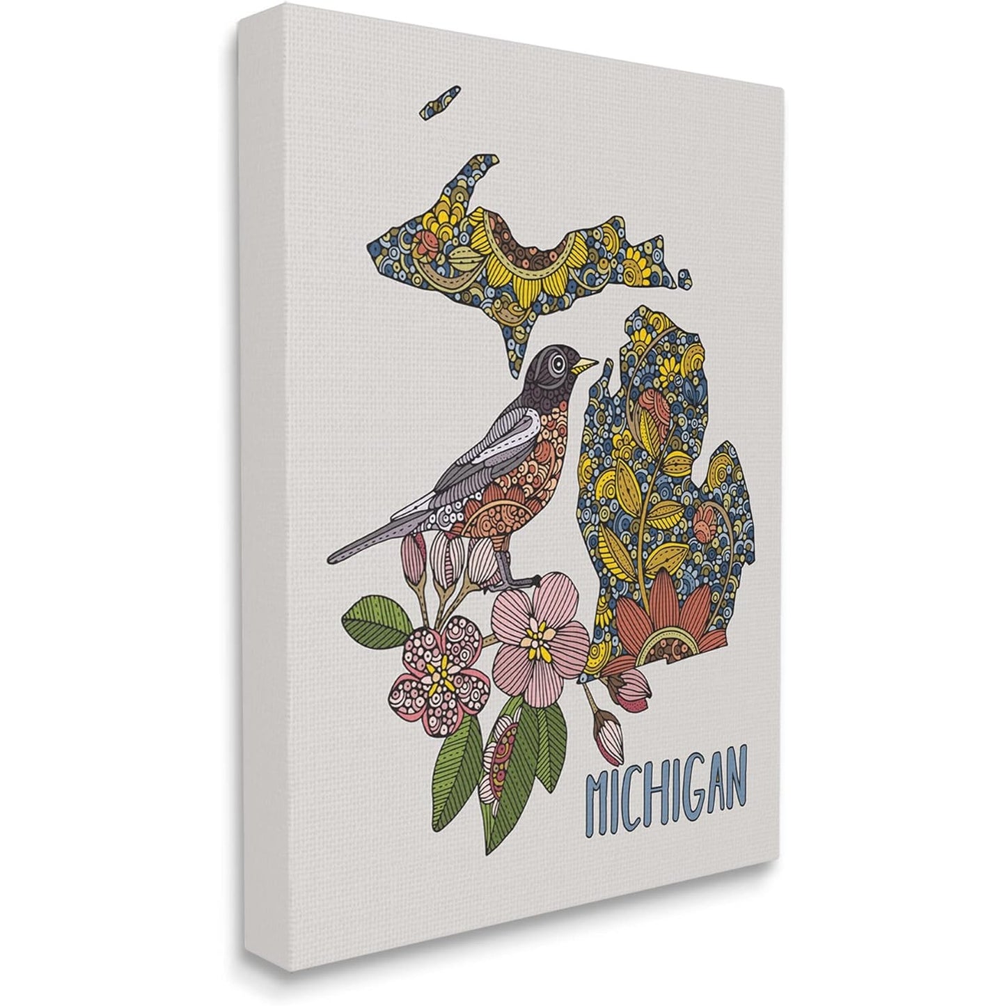 16x20 Michigan Stretched Canvas on Wood Wall Art, Robin & Florals by V. Harper