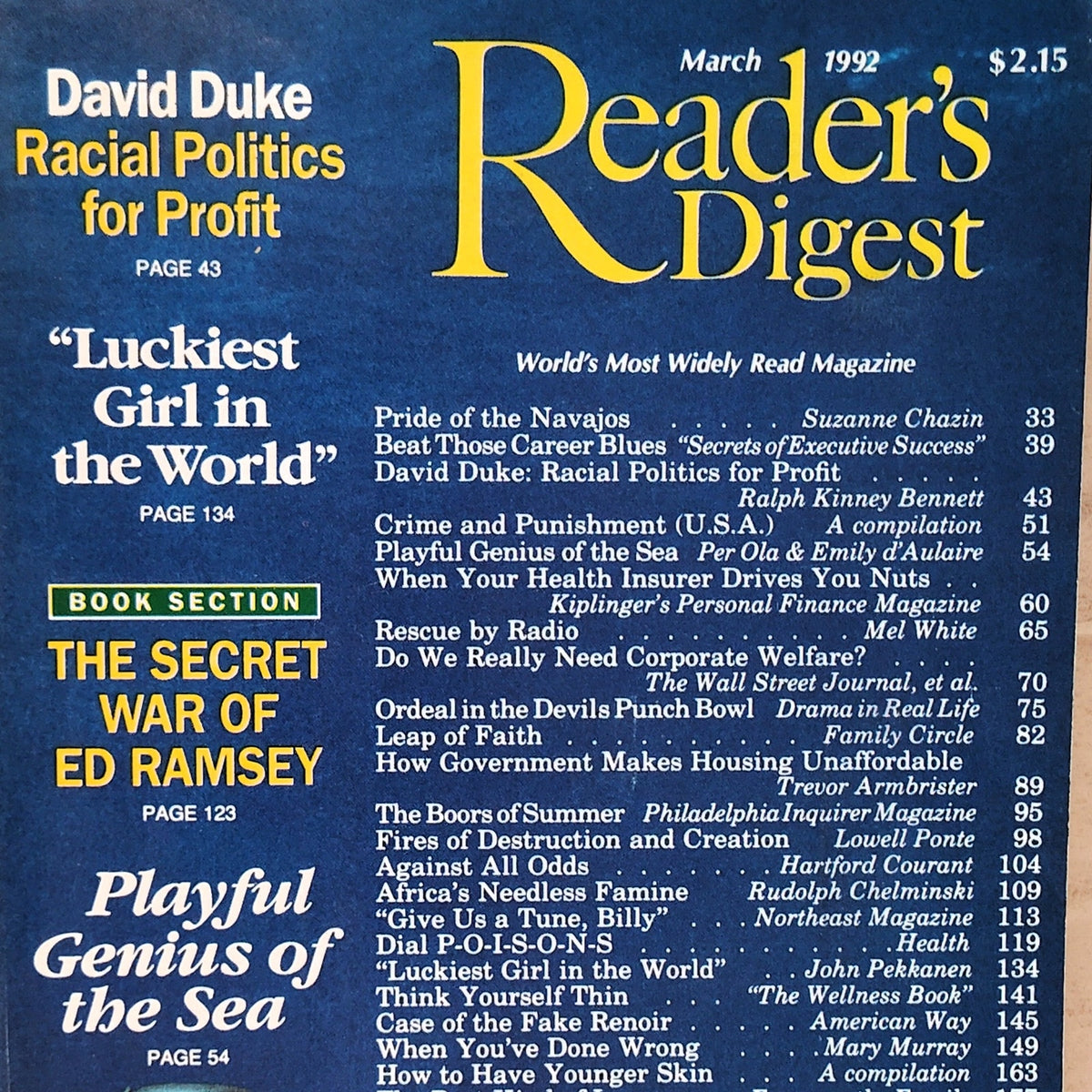 Reader's Digest March 1992 Vintage Magazine 71st Year - Pride of Navajos
