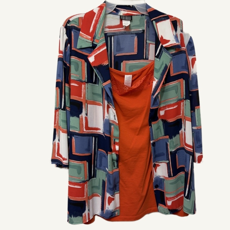 First Glance Women's XL Abstract Art Print Button-Up & Orange Tank Top Set
