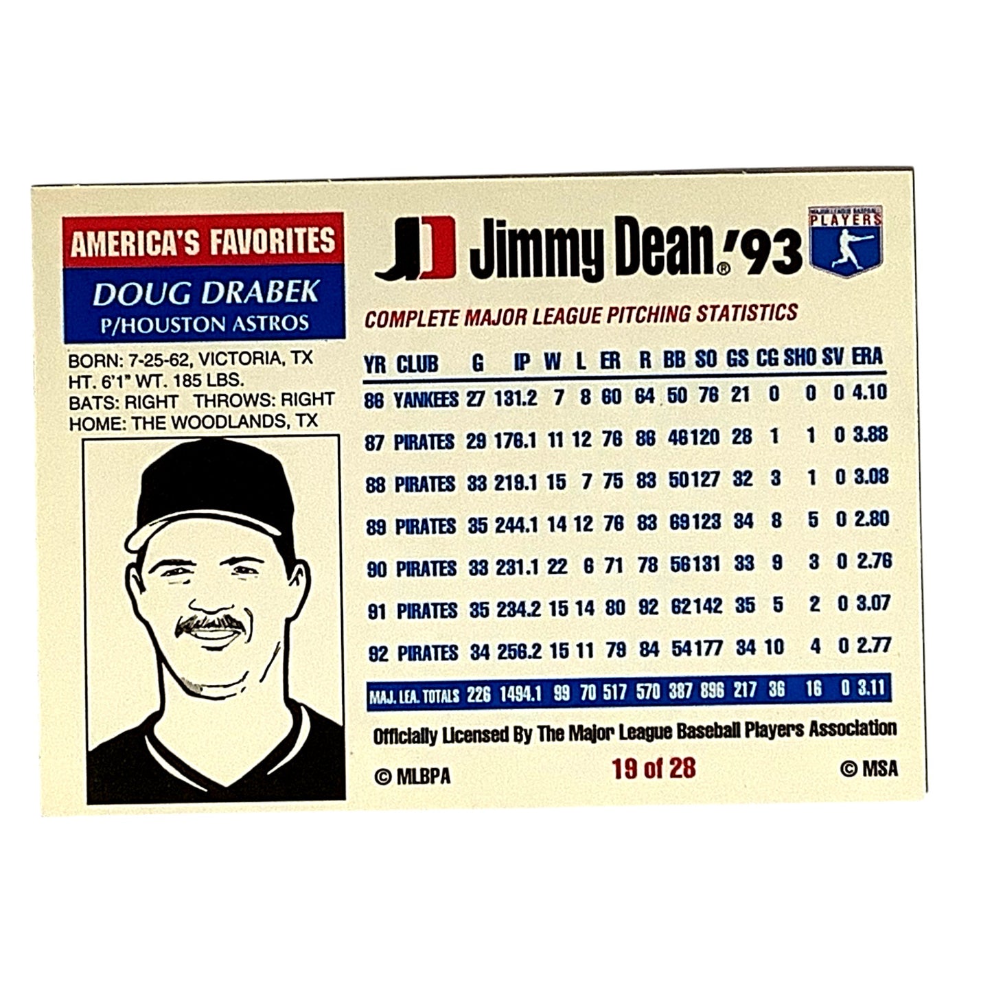 1993, Doug Drabek Houston Astros, MLB, Jimmy Dean '93 Ltd Ed., Card 19, EX/NM