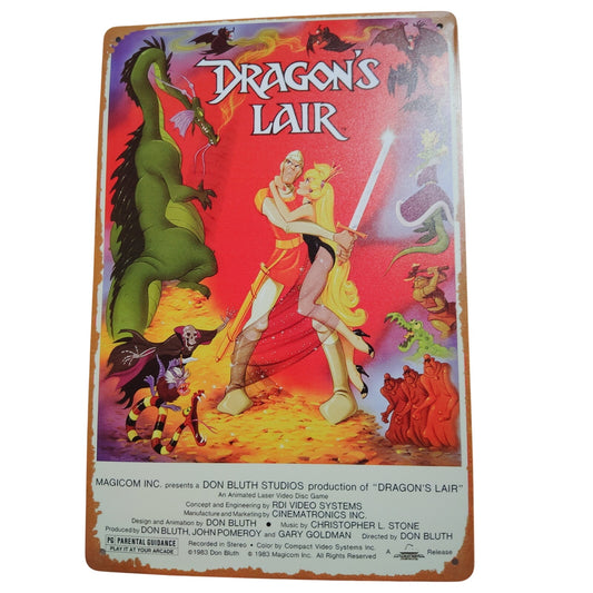Retro Style 12x8 Tin Metal Sign – Dragon’s Lair Arcade Theme – Don Bluth Fantasy Artwork