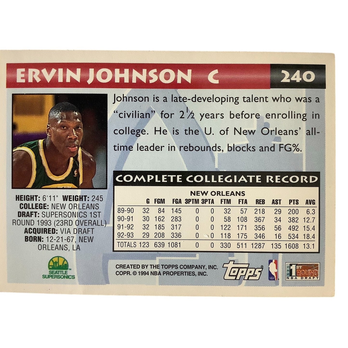Ervin Johnson, Supersonics, 1993 Topps First Round NBA Draft Card 240, VG