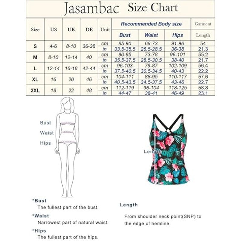 Jasambac Dark Blue Palm Leaves Tankini Top Scoop Neck Ruched Women’s 2XL