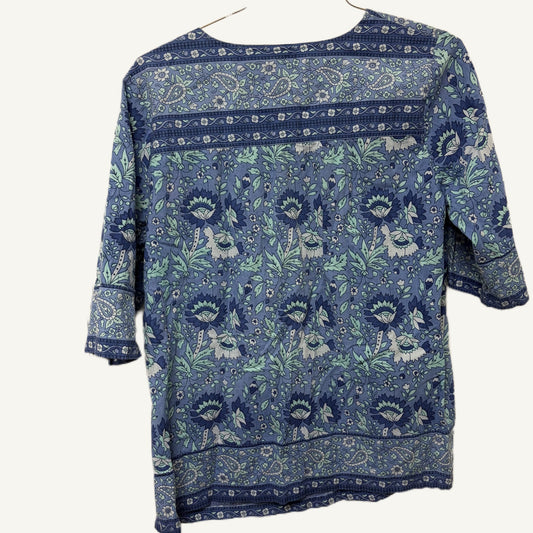 Vintage Vermont Country Store Blue Paisley Floral V-Neck Blouse - Size L