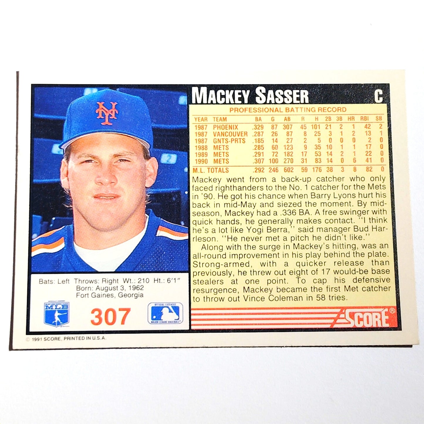 1991 Score Mackey Sasser #307 New York Mets Catcher MLB Baseball Card NM