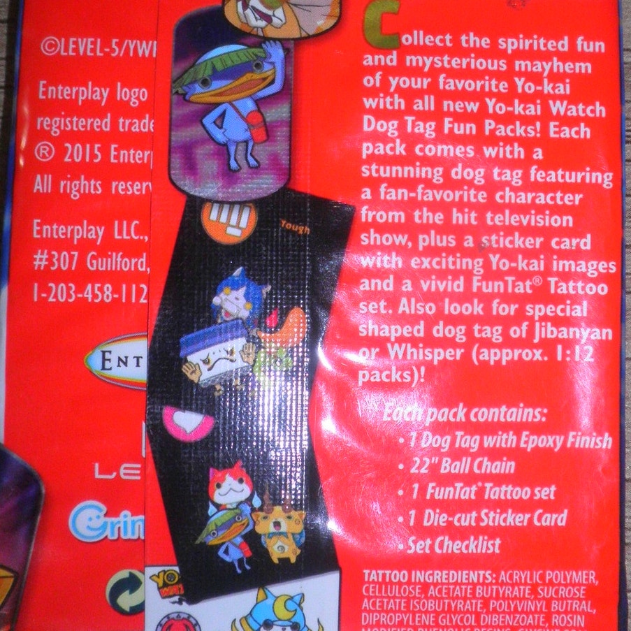 2-PKs, 2015 Yo-Kai Watch Dog Tag Packs - Chain, Tag, Sticker Card, Tattoos