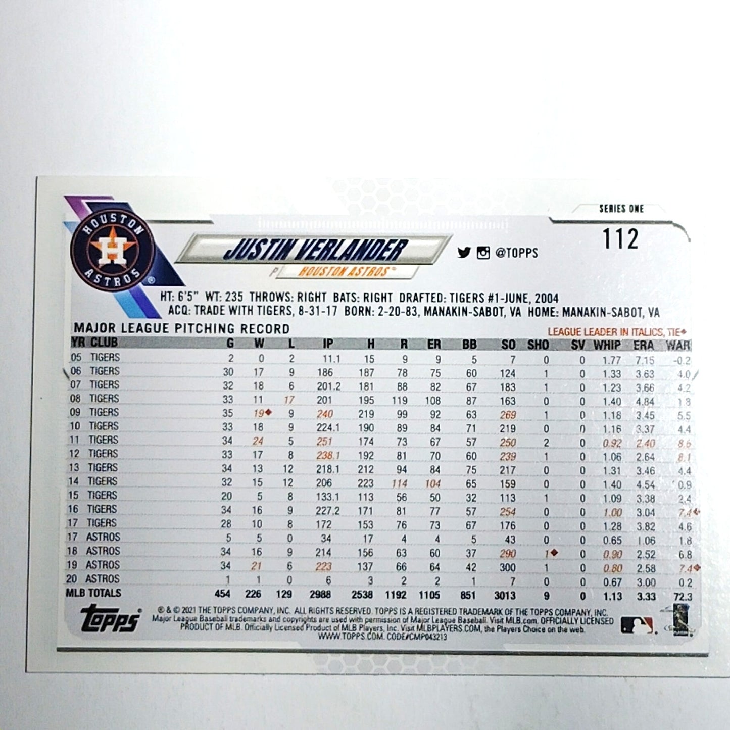 2021 Topps Series 1 Justin Verlander Houston Astros Pitcher Card #112 VG/EX