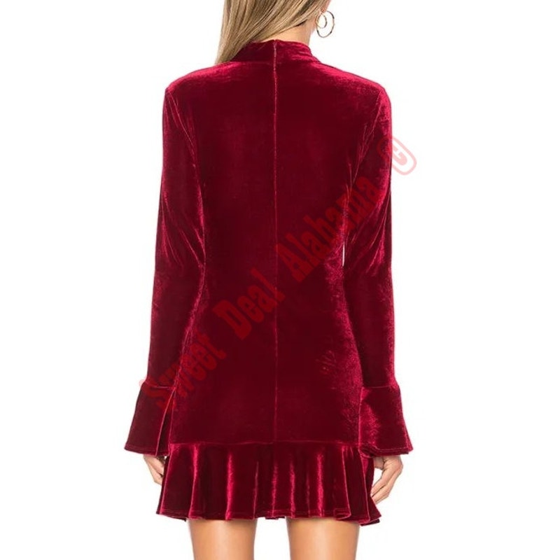R.Vivimos  Women's Long Sleeve Velvet Ruffled Bodycon Mini Dress, Wine Red, M