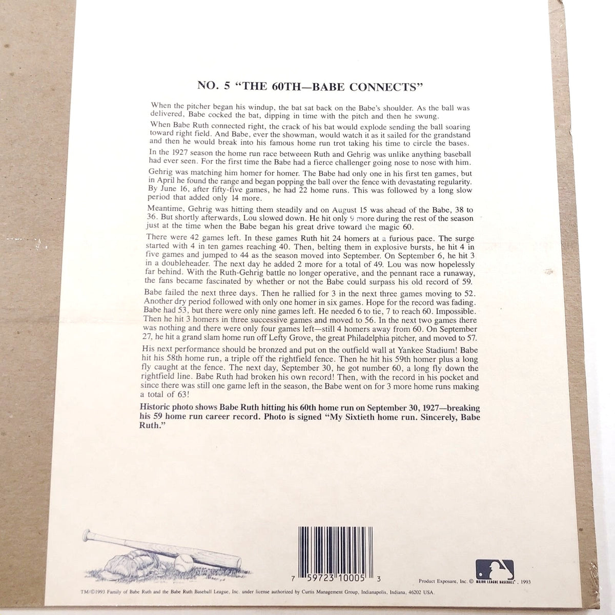 VTG 1993 Babe Ruth 60th Home Run Print, No. 5 The 60th Babe Connects 11x14 MLB
