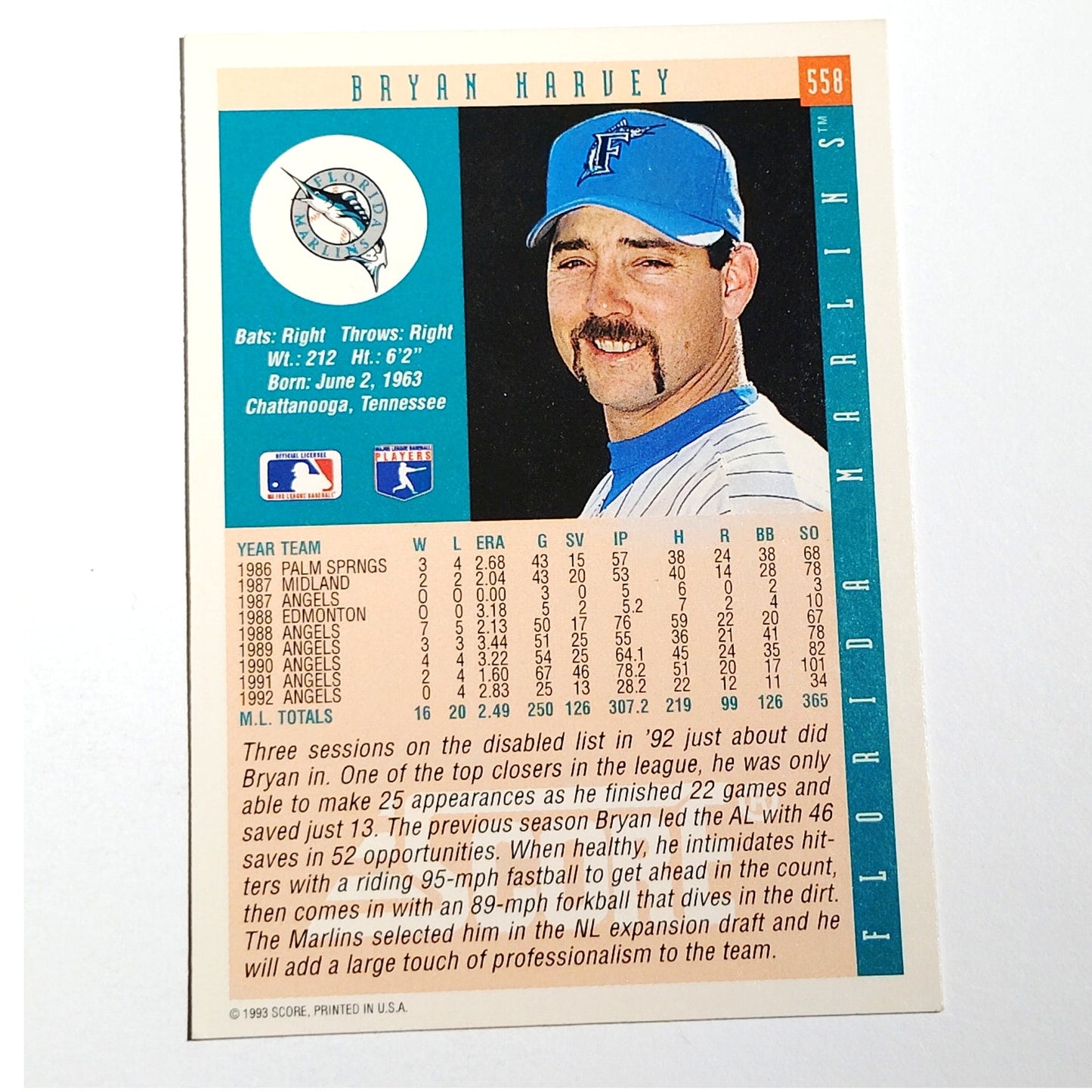 1993 Score Bryan Harvey #558 Florida Marlins RP MLB Baseball Card NM
