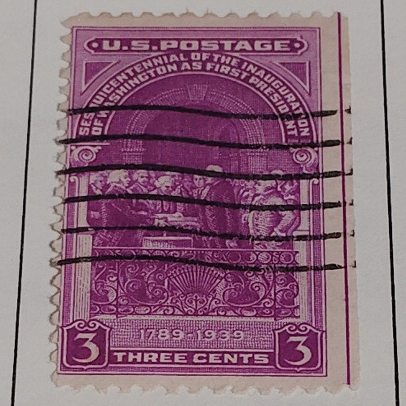 1939 3¢ Washington Inauguration Stamp – Scott 854 – Federal Hall – Canceled