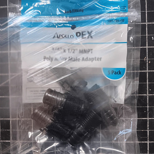 5-PK Apollo PEX Pipe Adapter 3/4"x1/2", Barb x MPT, Poly Alloy, 200 PSI Slip-Fit