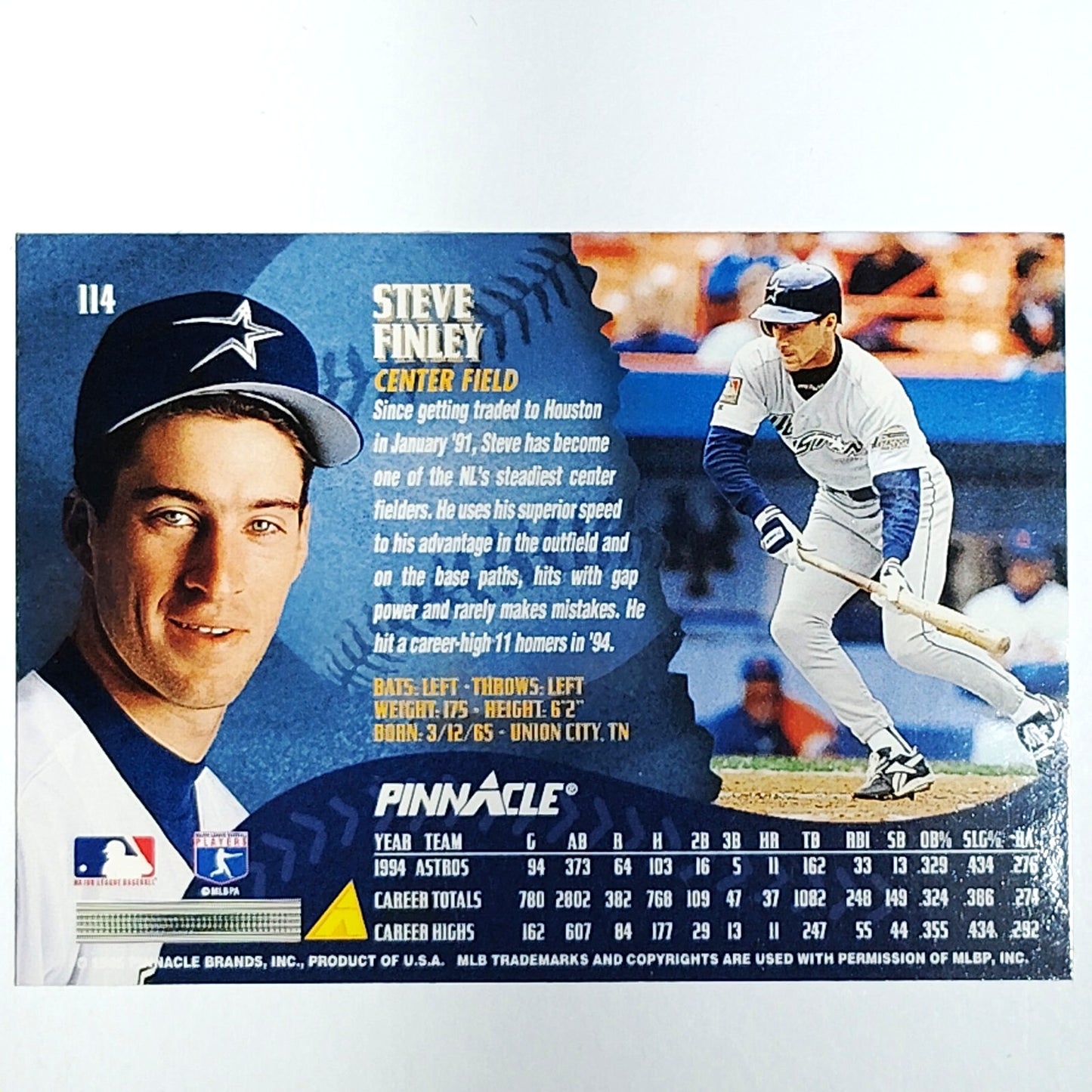 1995 Pinnacle Steve Finley Card #114 Houston Astros CF VG/EX