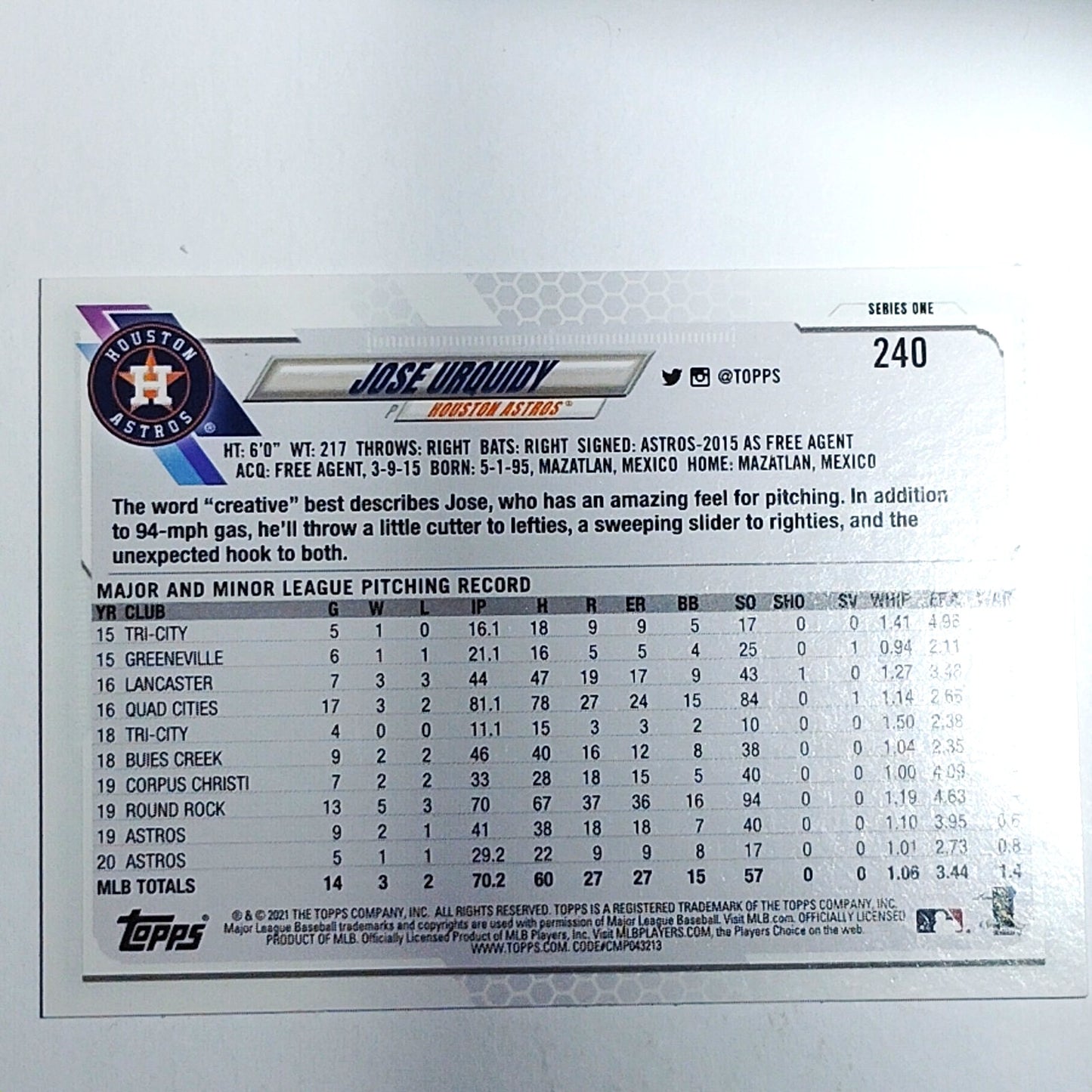 2021 Topps Series 1 Jose Urquidy 240 Future Stars Astros Pitcher VG/EX