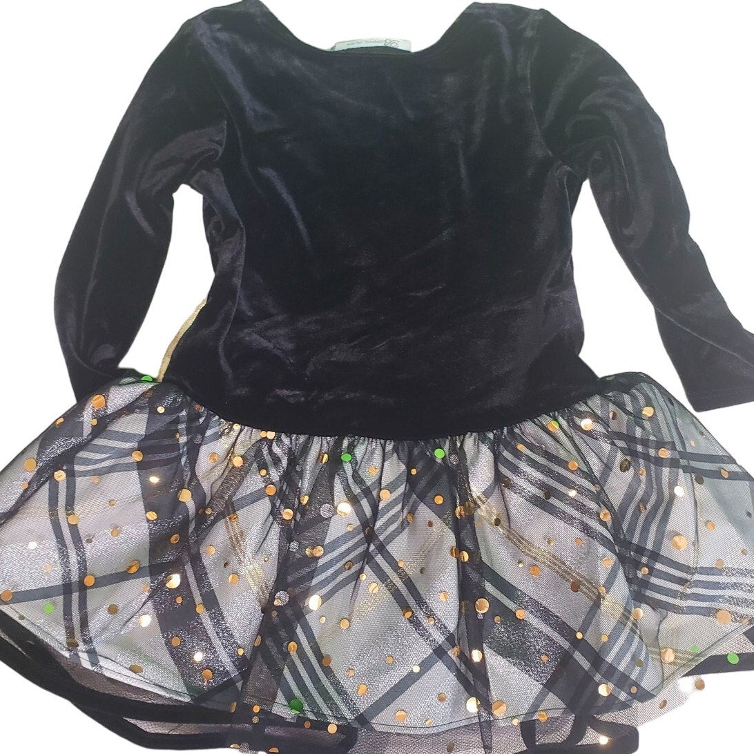 Bonnie Jean Long Sleeve Stretch Velvet to Gold Taffeta Print Hipster Dress, 2T