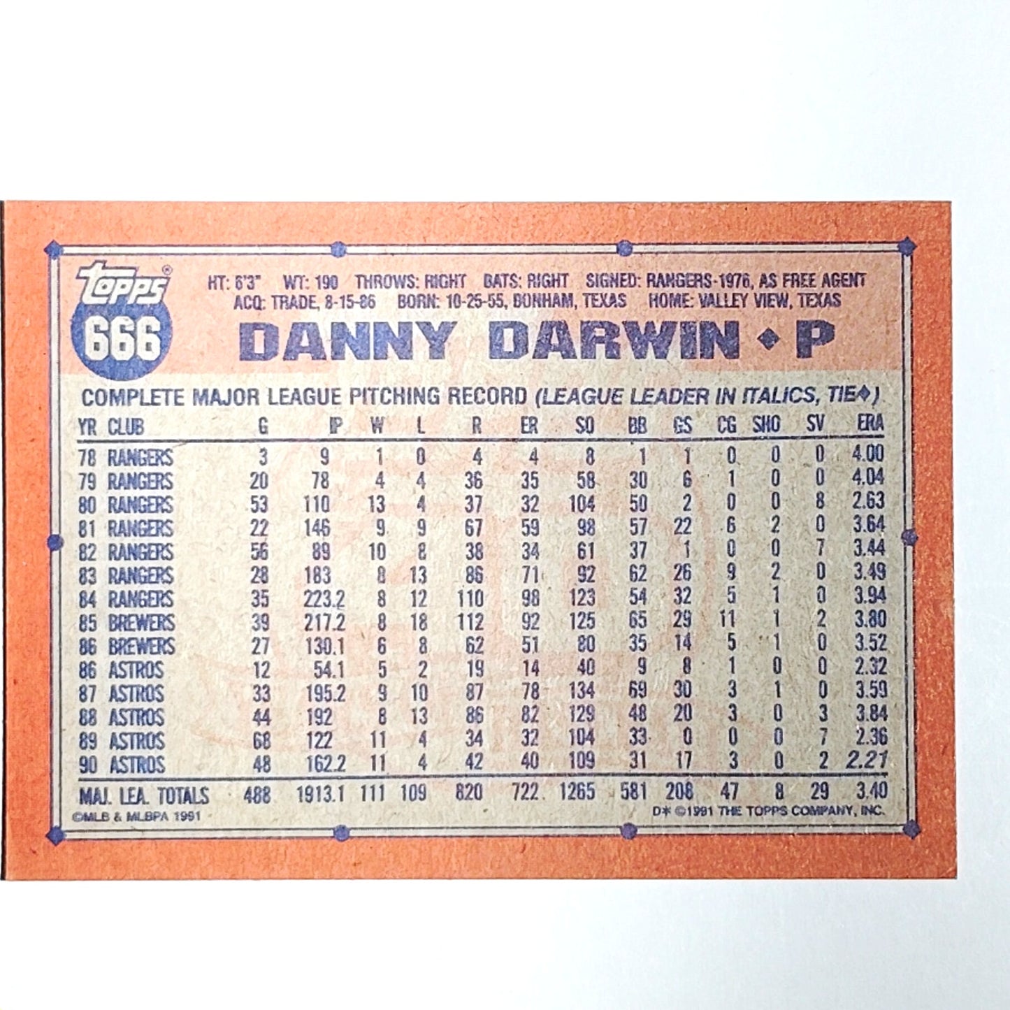 1991 Topps Danny Darwin #666 Astros Pitcher Veteran Starter Houston  VG/EX