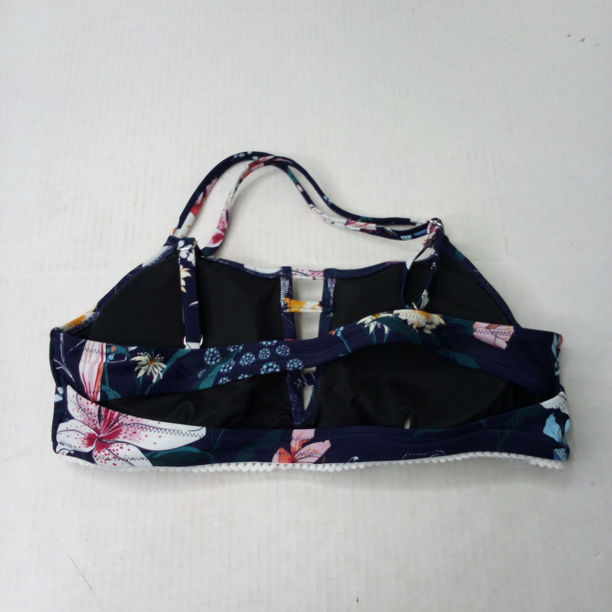 Women's Navy Floral Halter Bikini Top XL Lace Trim Keyhole Mesh Swimwear