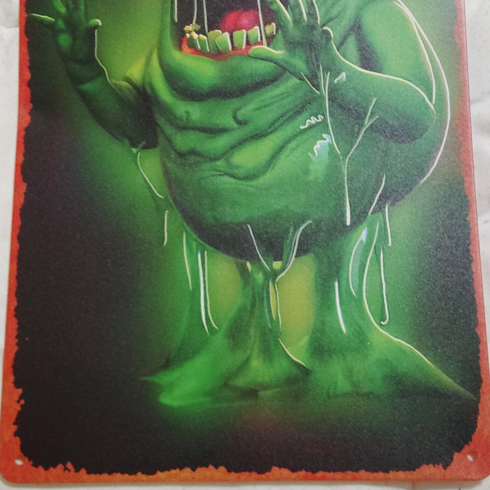 Slimer Ghostbusters Movie Poster – 12x8 Vintage Metal Tin Sign – Retro Wall Art for Man Cave, Bar