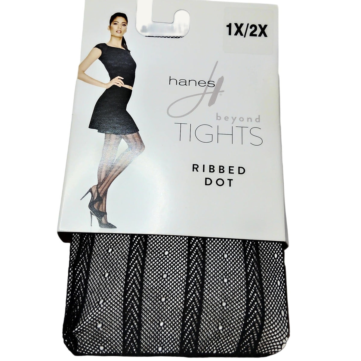 Hanes Beyond Ribbed Dot Tights 1X Black Sheer Polka Dot Q09570 NWT