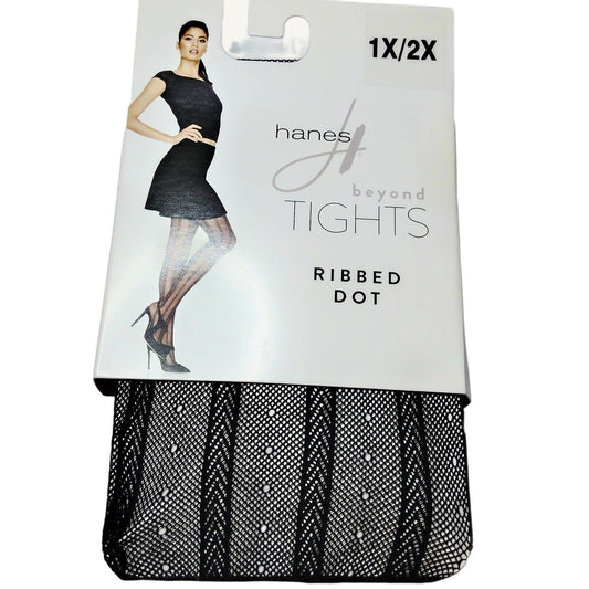 Hanes Beyond Ribbed Dot Tights 1X Black Sheer Polka Dot Q09570 NWT