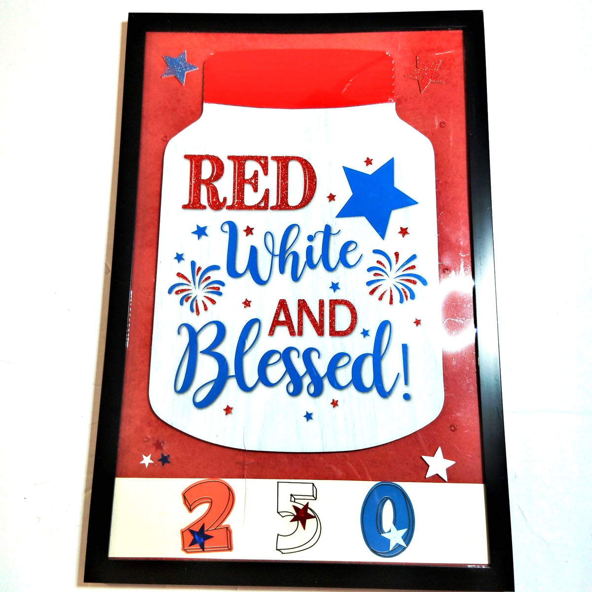 Red White & Blessed 250 Patriotic Framed Plaque 18x12 Handmade Americana