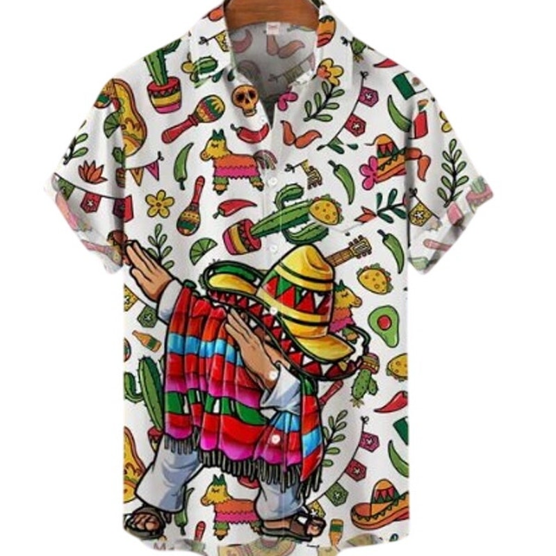 Mens Mexican Fiesta Hawaiian Shirt Taco Chili Sombrero Print Button Up Medium