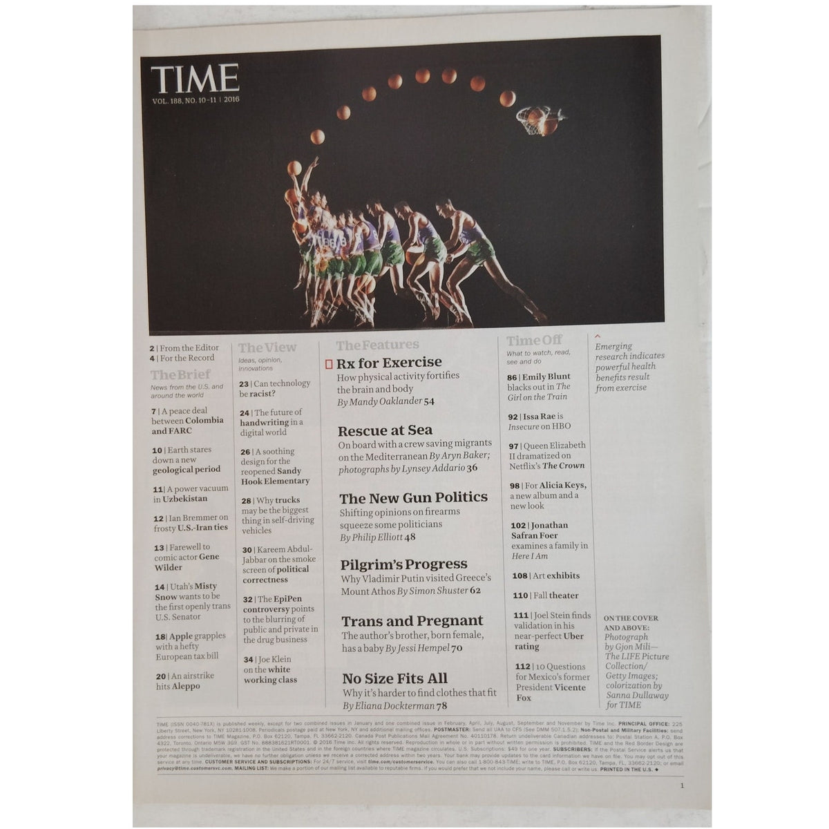 TIME Magazine Sept 12/19 2016 The Exercise Cure Back Issue Red Border Fitness
