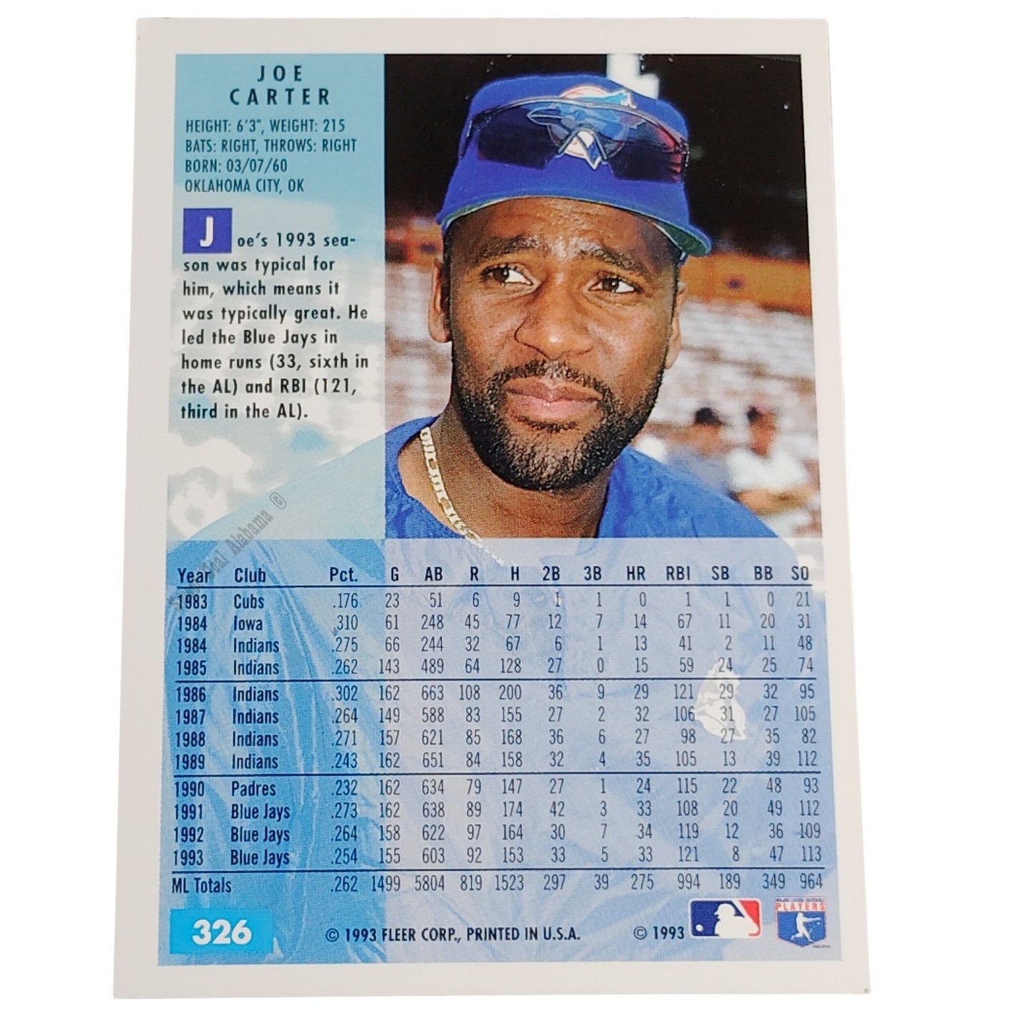 Joe Carter, Toronto Blue Jays, #326, 1994 Fleer Baseball Collector's Card