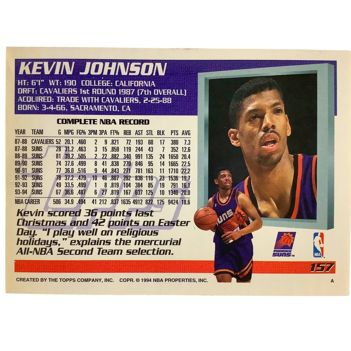 Kevin Johnson, Phoenix Suns, 1994 Topps Collector's Card 157, EXC/NM