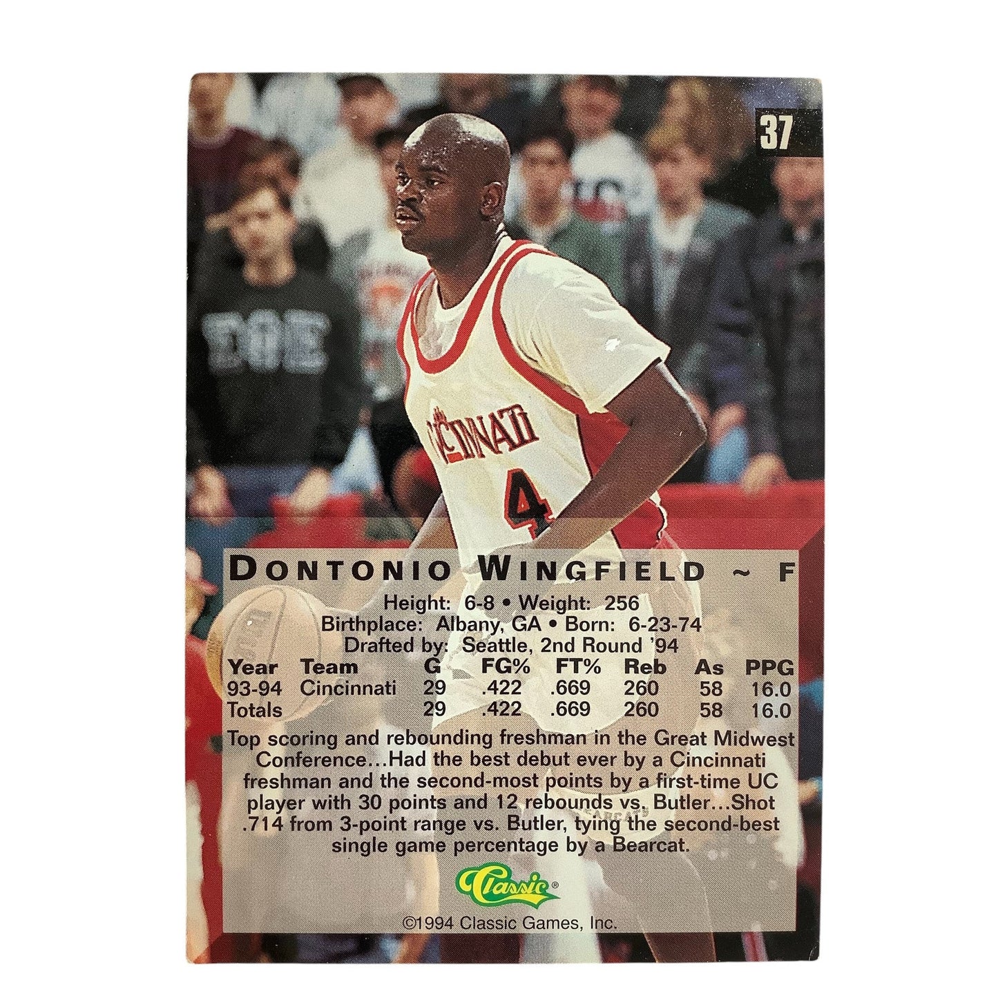 Dontonio Wingfield, Univ. of Cincinnati (F), Classics 1994, 4Sport Card 37, EXC