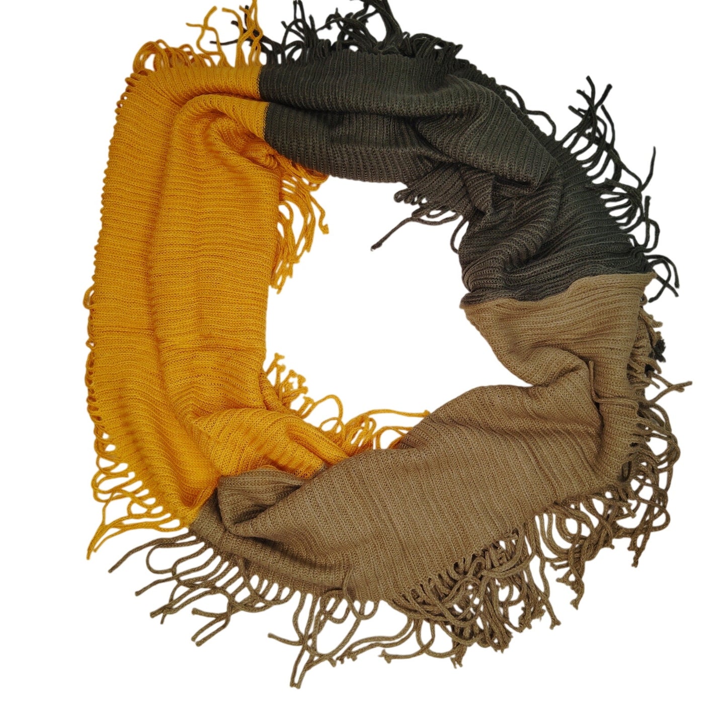 LuckyLeaf Infinity Scarf w/ Tassels Lightweight 100% Acrylic Yellow/Coffee/Khaki