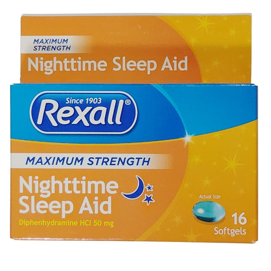 Rexall Max Strength Nighttime Sleep Aid – Diphenhydramine 50mg – 16 Softgels – Exp. 10/2026