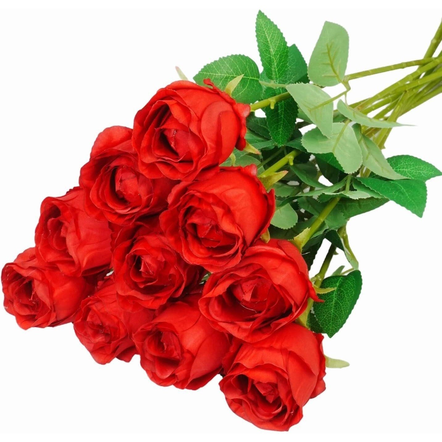 10pcs Red Roses Artificial Flowers Long Stem – Silk Petals, Realistic Look