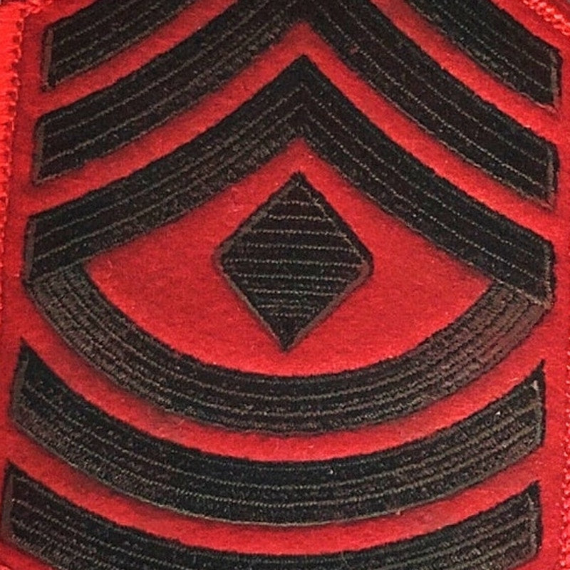 USMC First Sergeant E‑8 Chevrons Green on Red Female Size Sew‑On 4‑1/2" × 2‑7/8"
