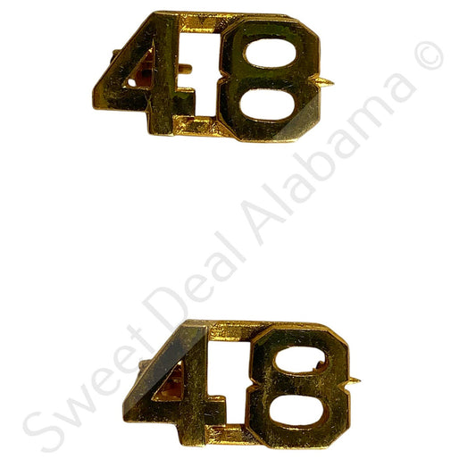 c.1940s Numeric "48", Brass Military C-Clasp Hat / Collar Pins Set 3/8"H