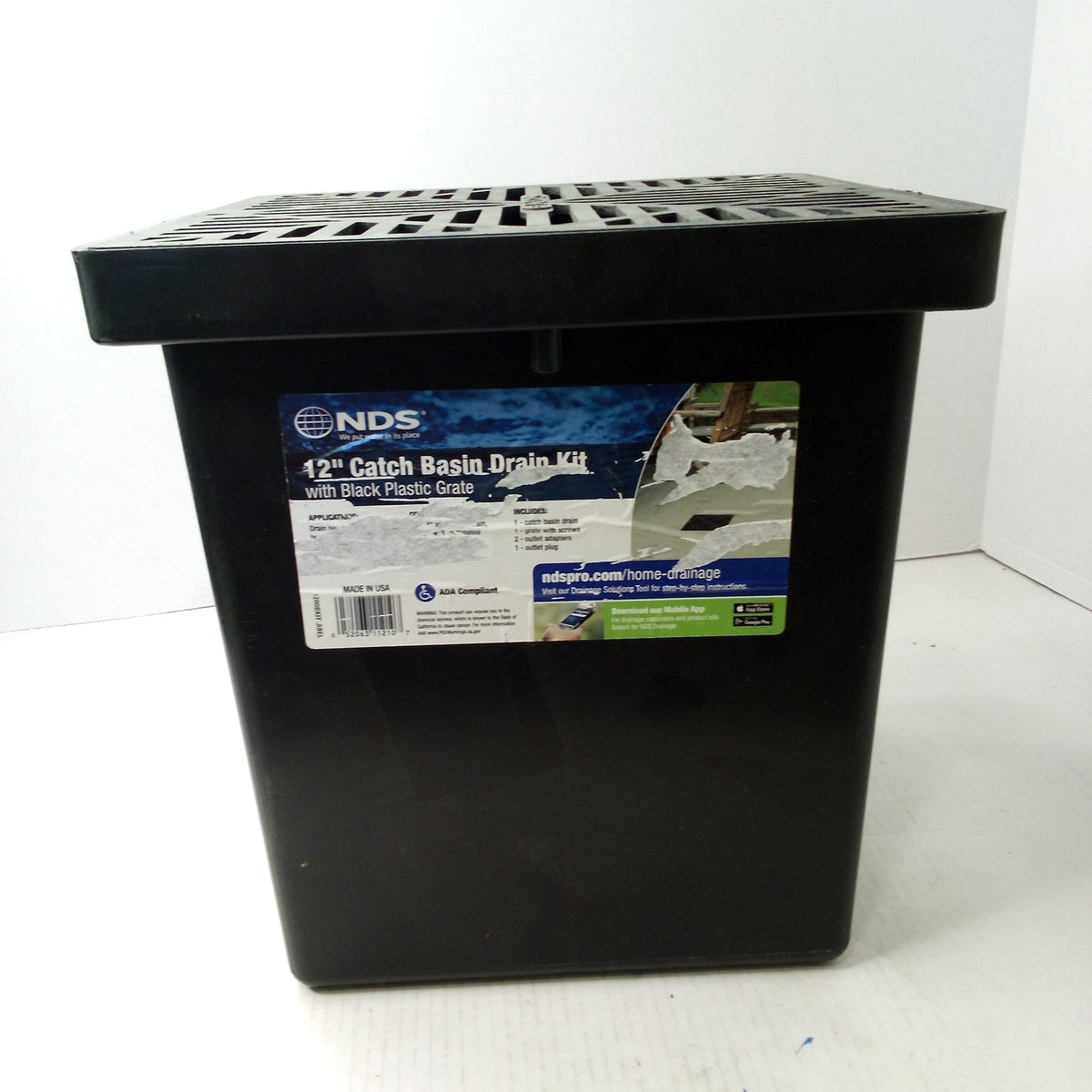 NDS 12 in Square Catch Basin Drain Kit Black Plastic Grate 2-Outlet Plug
