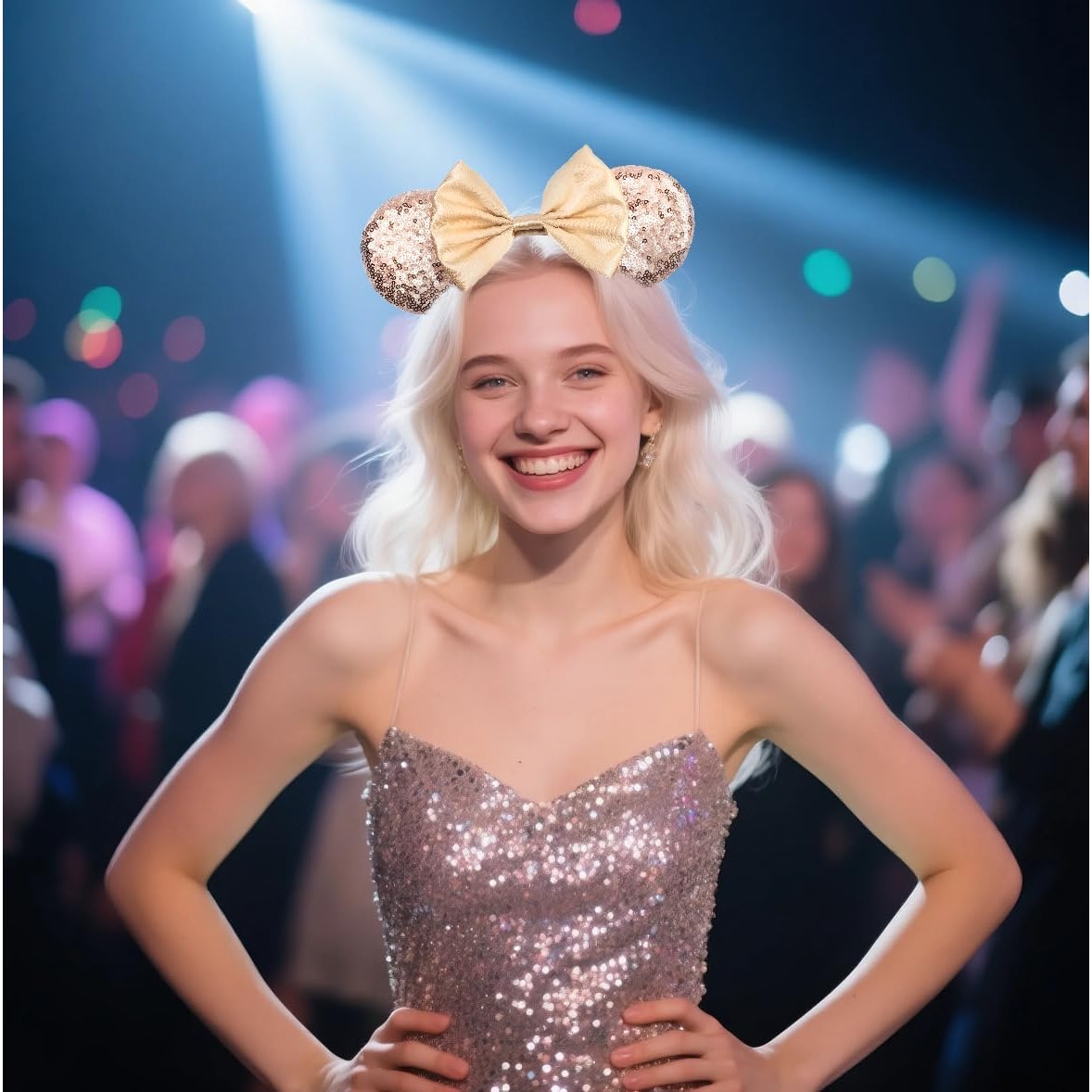 Champagne Glitter Mouse Ears Headband w/ Luxe Satin Bow For Teens or Adults