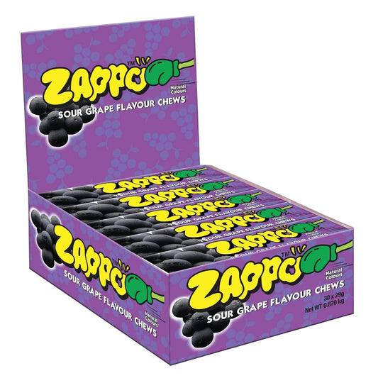 Zappo Sour Chews Grape Flavor 30-Pack 1oz Each Individually Wrapped, Sealed Box
