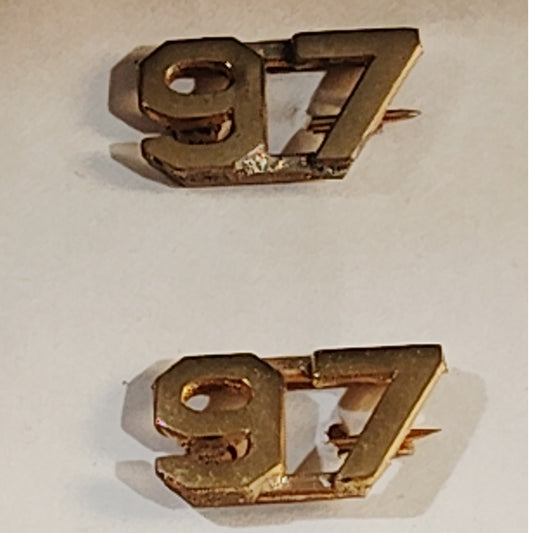 Early/Mid 1900s Brass C-Clasp "97" Collar Devices 3/8"H Hat / Lapel Pins Set