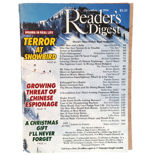 Reader's Digest Magazine December 1994 Vintage Back Issue Snowy Ski Cover