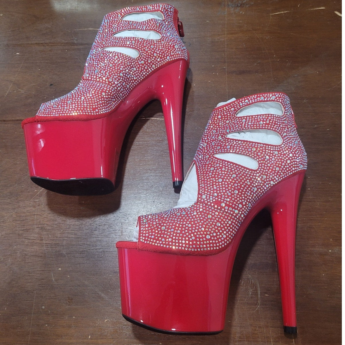 Ellie Shoes Red Ankle Boots w/ Rhinestones, 709-WENDY Size 7, Platform Stiletto