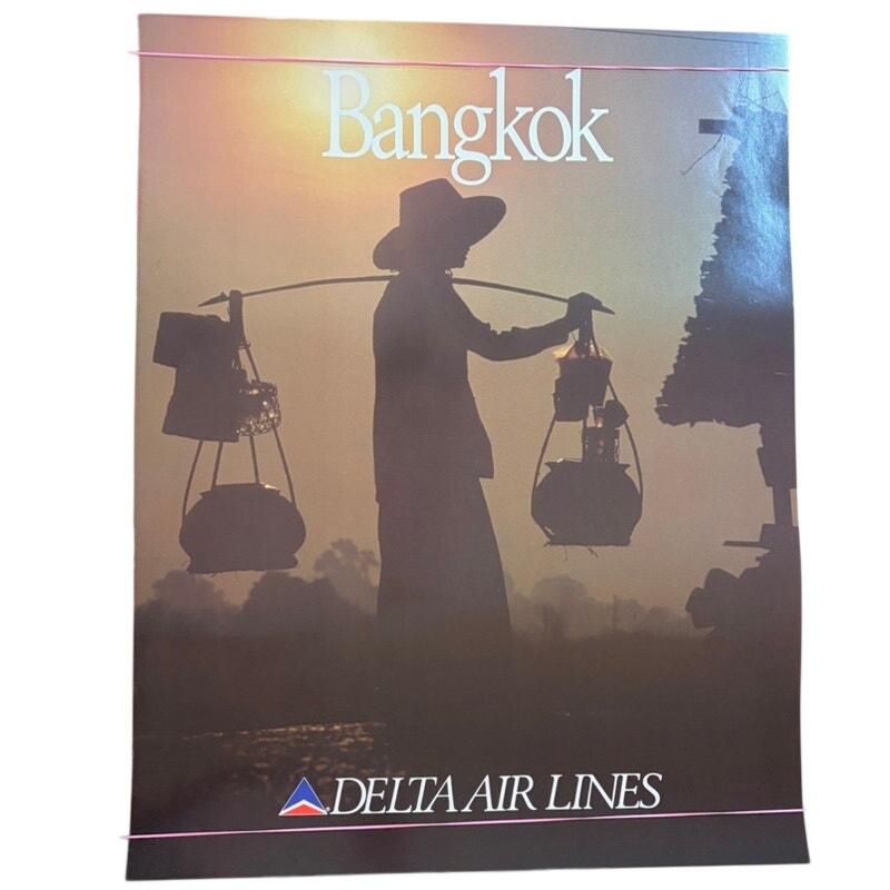 Vintage Delta Air Lines Bangkok Travel Poster 28x22 - Brown & Yellow Airline Art