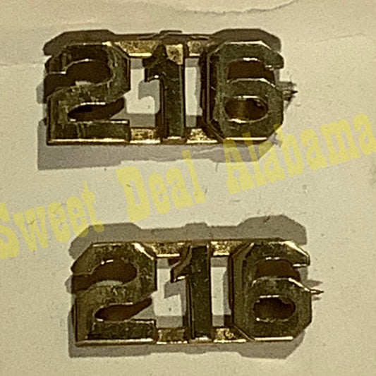 Early/Mid 1900s Brass C-Clasp "216" Collar Devices 3/8"H Hat / Lapel Pins Set