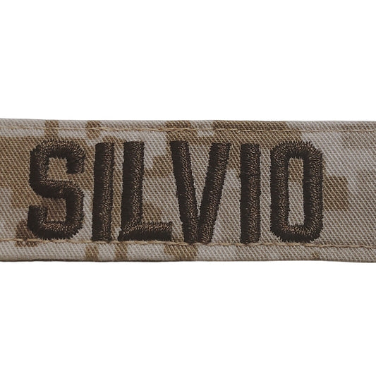 USMC Desert MARPAT Name Tape Embroidered “SILVIO” 5" × 1", Hook Back