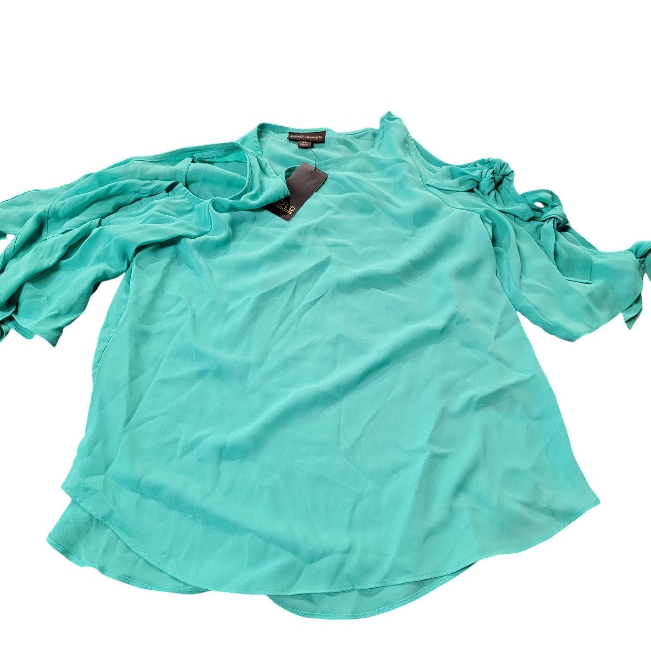 Bold Elements Women Round Neck 3/4  Tie Sleeve Blouse, Aqua Green, X-Small (0-2)