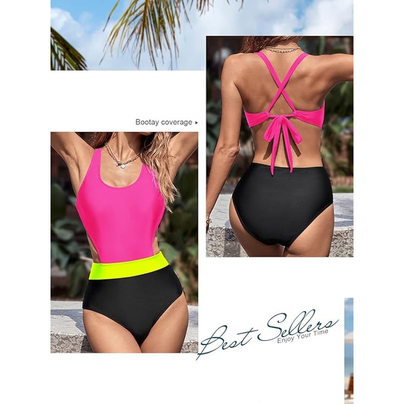 MOLYBELL One Piece High Waisted Crisscross Back Monokini Cutout, Neon, L