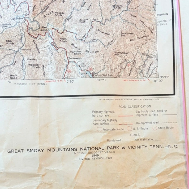 Vintage 1972 USGS Great Smoky Mountains National Park Map 36x29 - Damage Noted
