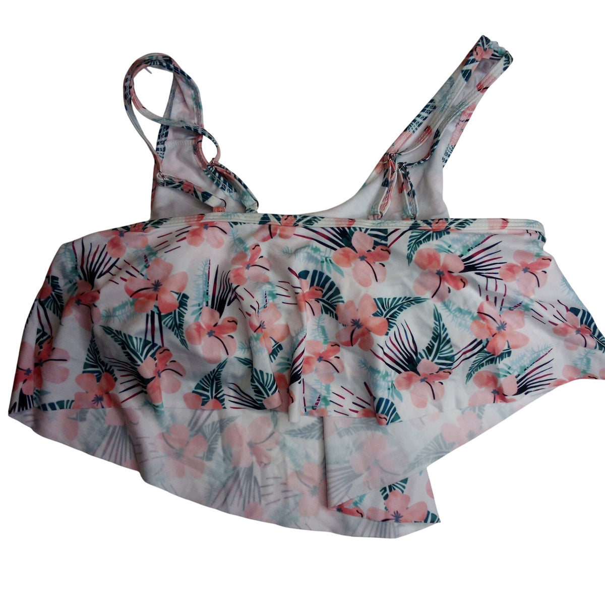 Pink & Blue Floral Tankini Swim Top L - Ruffled Peplum, Adjustable Tie Straps