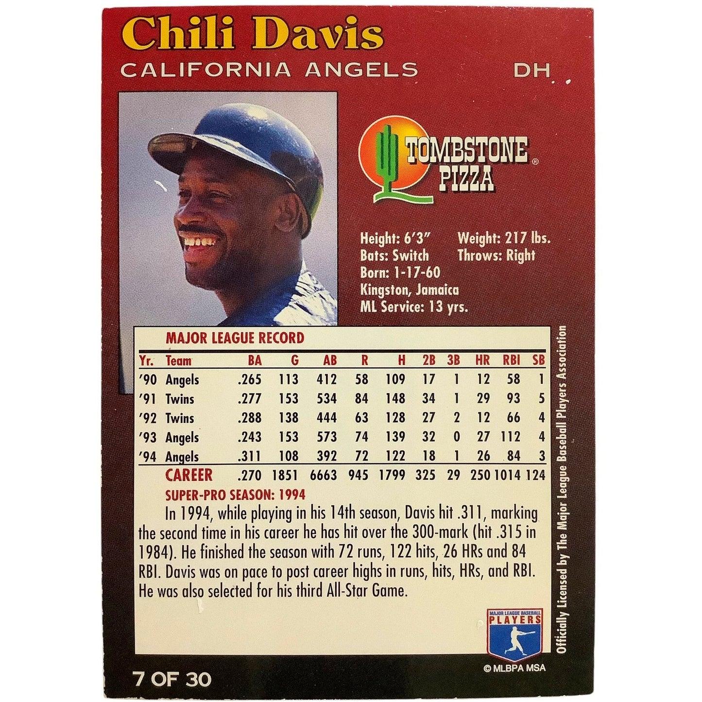 Chili Davis, California Angels, 1995 Tombstone Super-Pro Series, Card 7, EXC